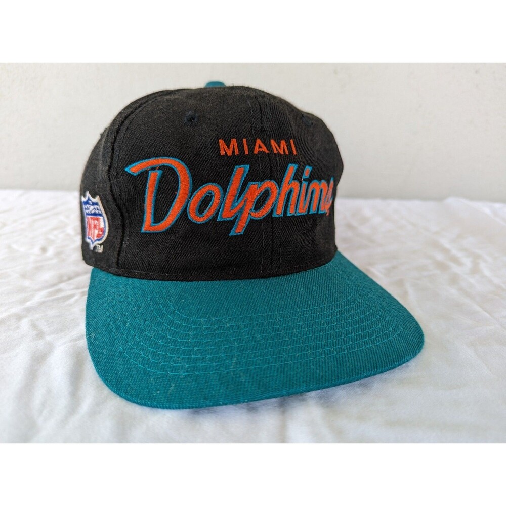 Vtg Miami Dolphins Sports Specialties Snapback Double Script Black Blue Orange